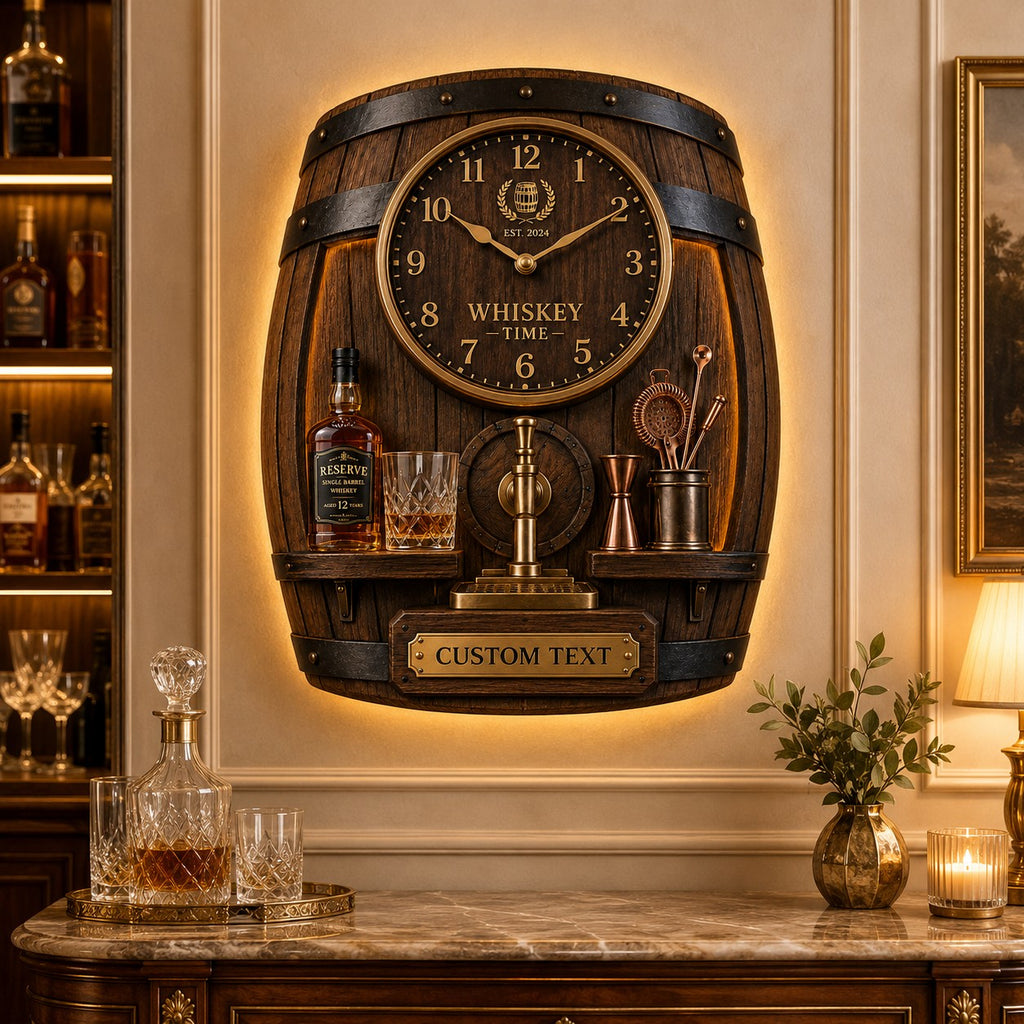 Whiskey barrel Custom Name Wall Clock — personalized with a custom name