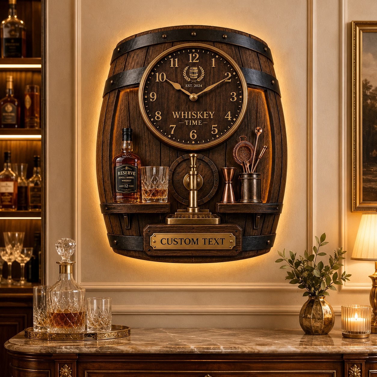 Whiskey barrel Custom Name Wall Clock — personalized with a custom name