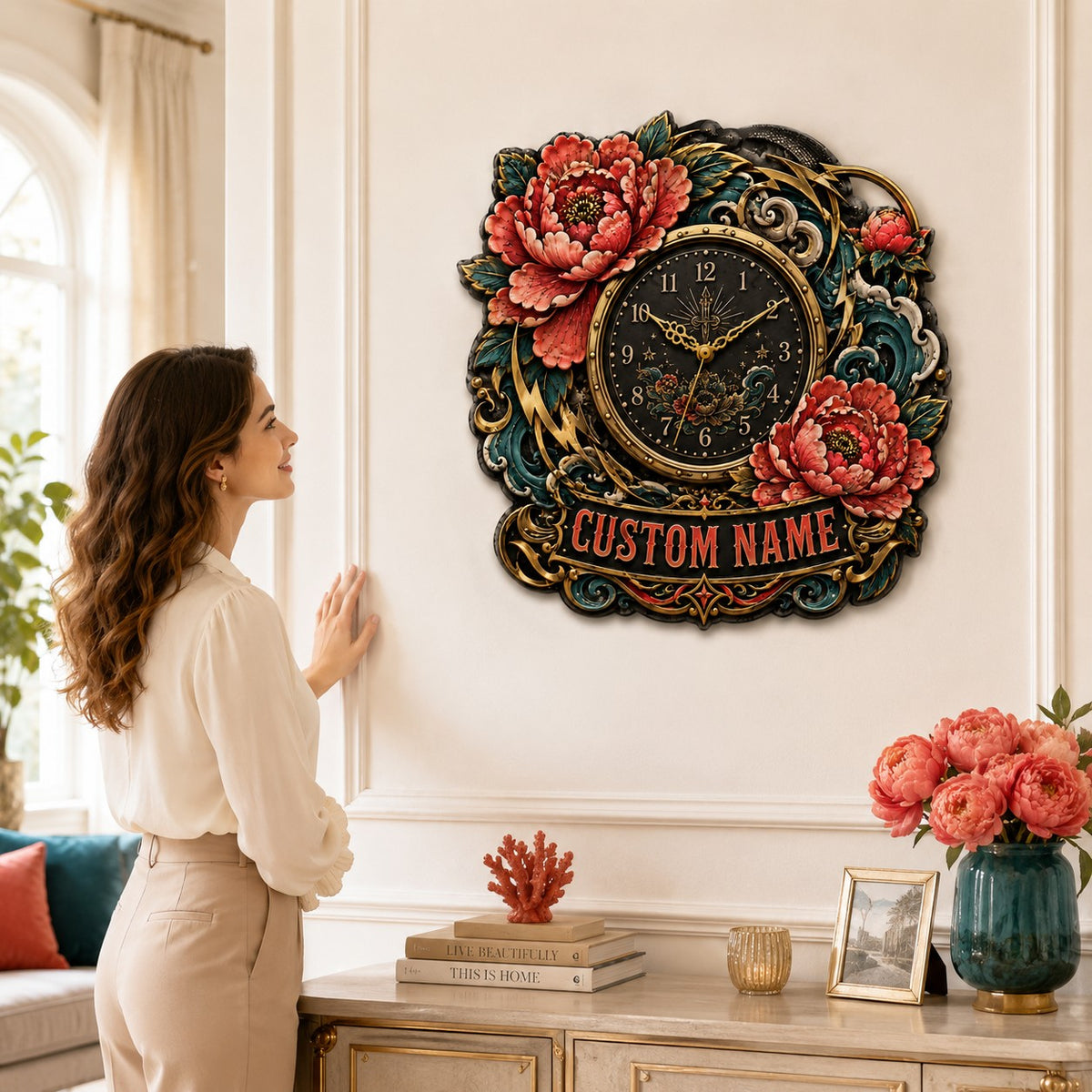 Personalized Peony Tattoo Wall Clock with a custom name set into the design