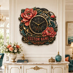 Personalized Peony Tattoo Wall Clock with a custom name set into the design