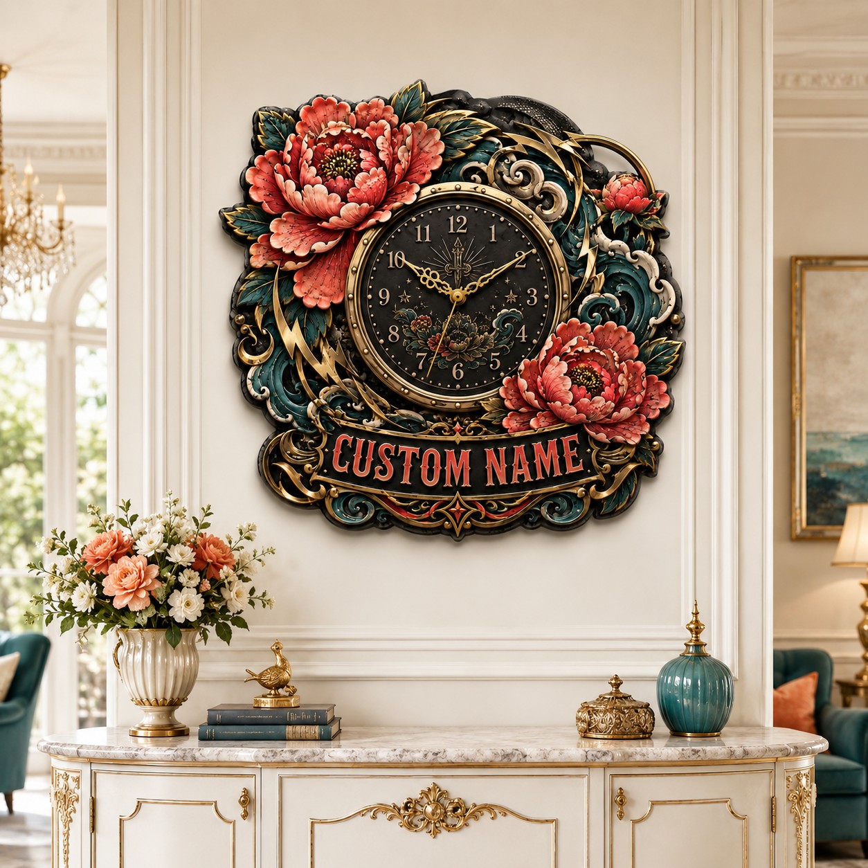 Personalized peony tattoo wall clock — personalized with a custom name