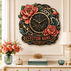 Personalized Peony Tattoo Wall Clock with a custom name set into the design