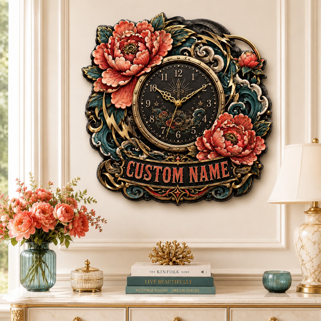 Personalized peony tattoo wall clock — personalized with a custom name