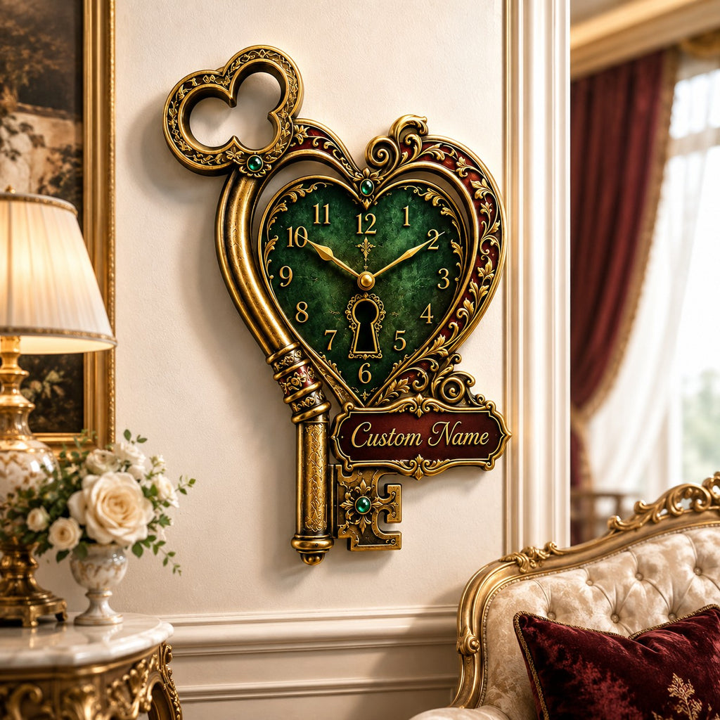 Heart key Custom Name Wall Clock — personalized with a custom name