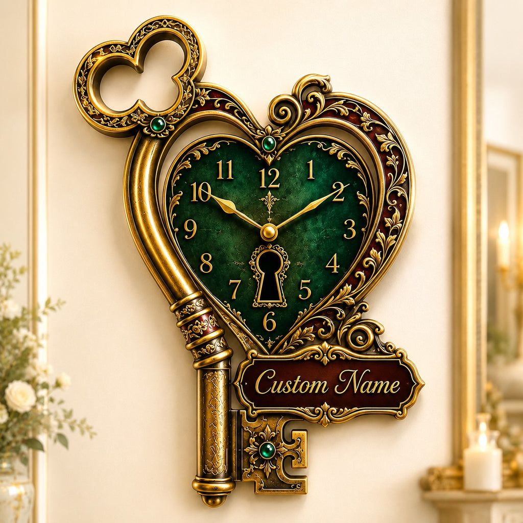 Heart key Custom Name Wall Clock — personalized with a custom name