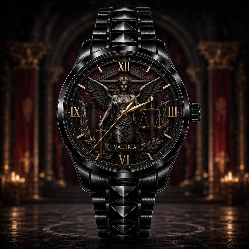 Personalized Lady Justice Watch with a custom name set into the design