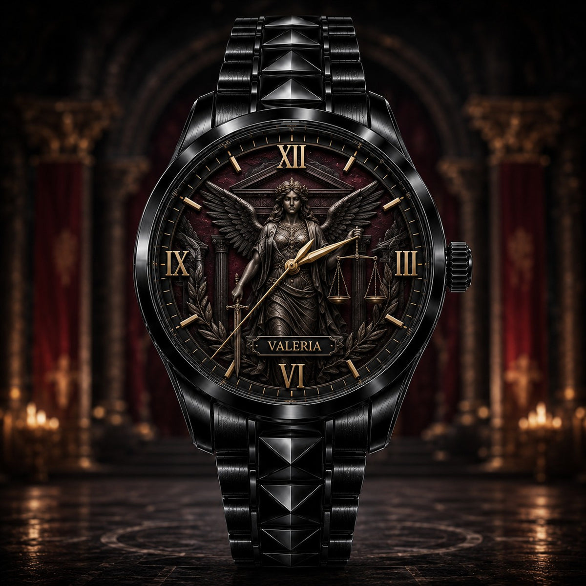 Personalized Lady Justice Watch with a custom name set into the design