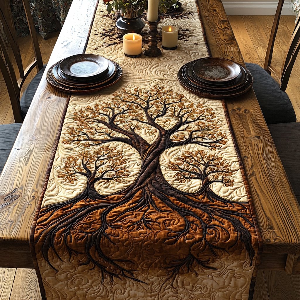Bare Tree with Roots on Cream Table Runner