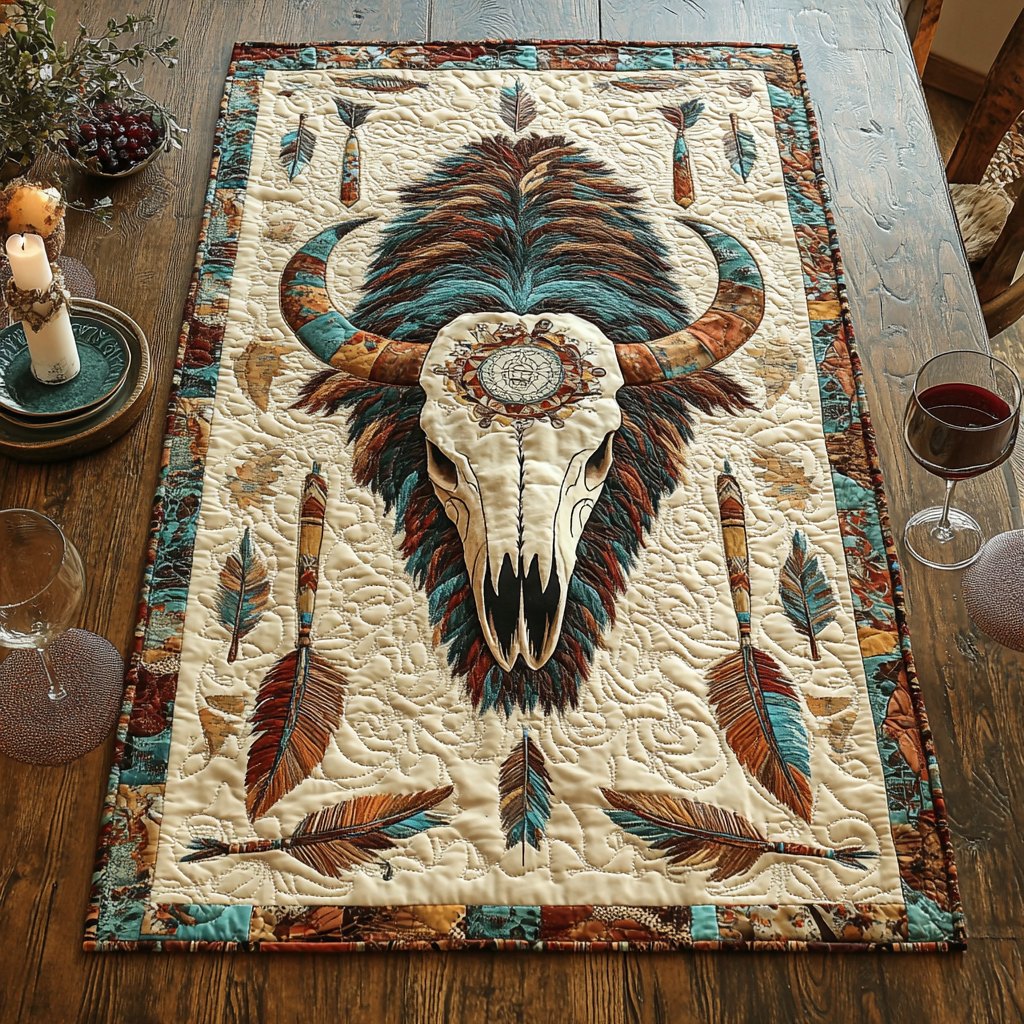 Steer Skull with Feathers on Cream Table Runner