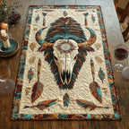 Steer Skull with Feathers on Cream Table Runner