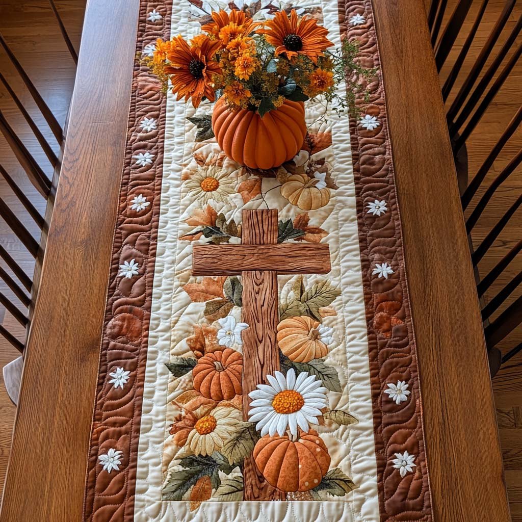 Wooden Cross with Pumpkins and Daisies Table Runner
