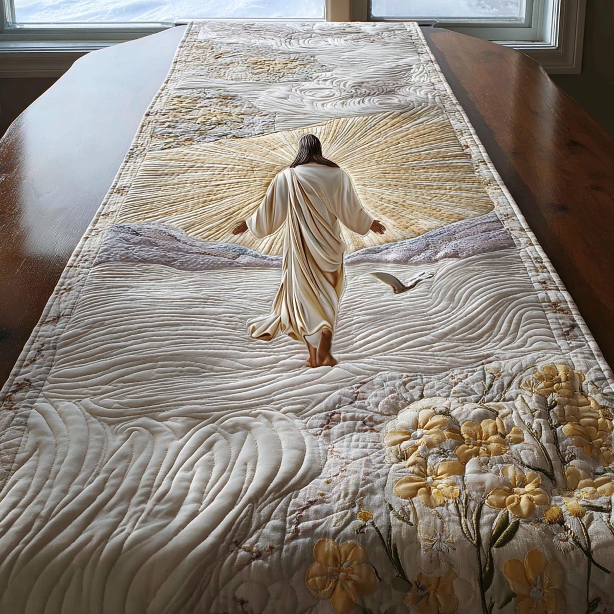 Jesus in White with Flying Dove Table Runner