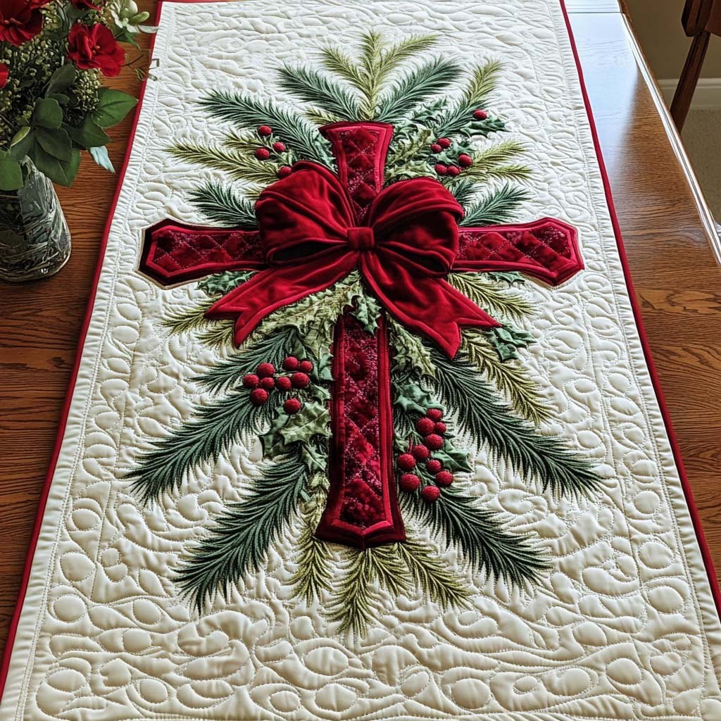Cross with Red Bow and Pine Table Runner