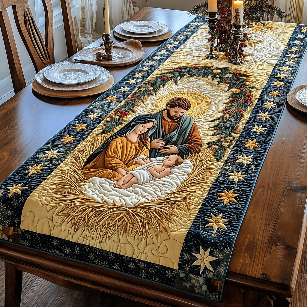 Nativity on Gold with Stars Table Runner