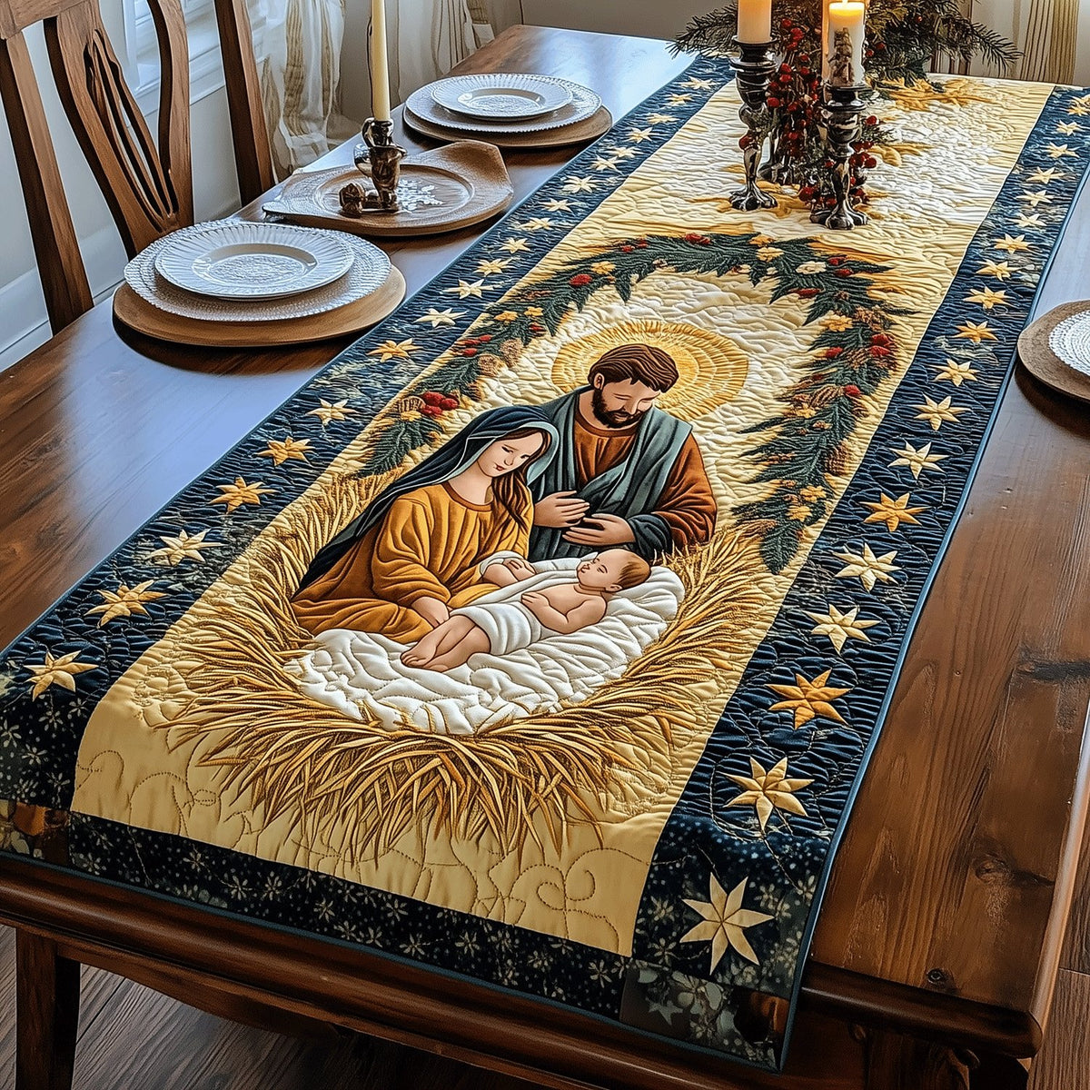 Nativity on Gold with Stars Table Runner