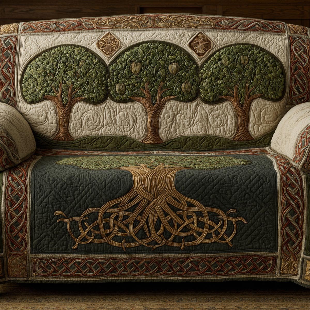 Celtic Roots in Gold on Deep Green Sofa Cover