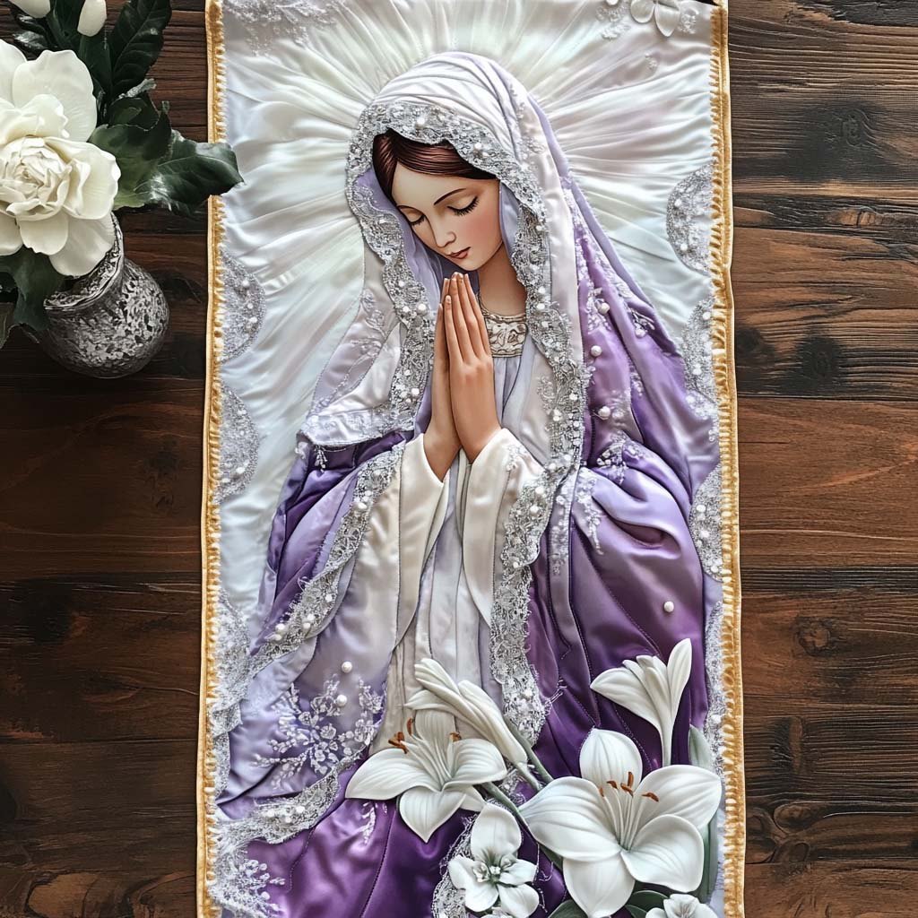 Praying Mary in Purple with Lilies Table Runner