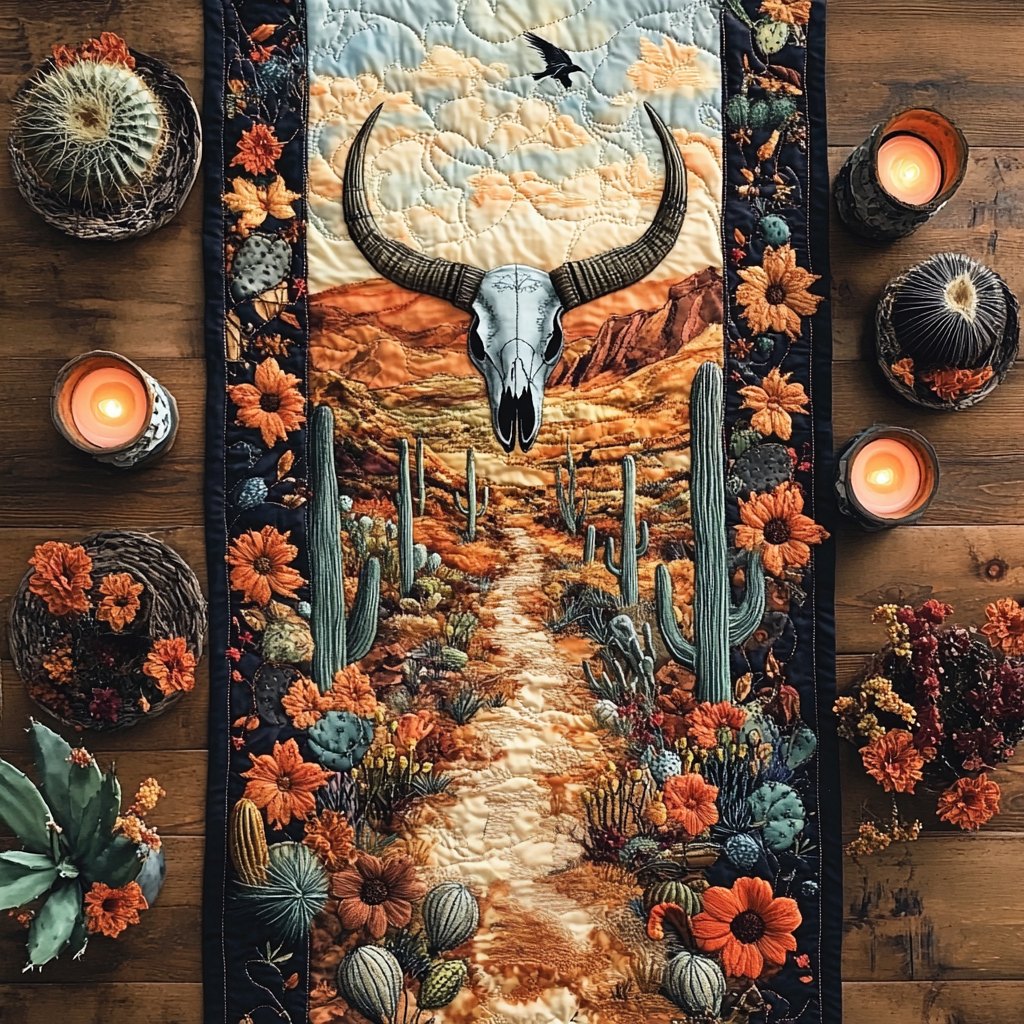 Steer Skull over Desert Path Table Runner