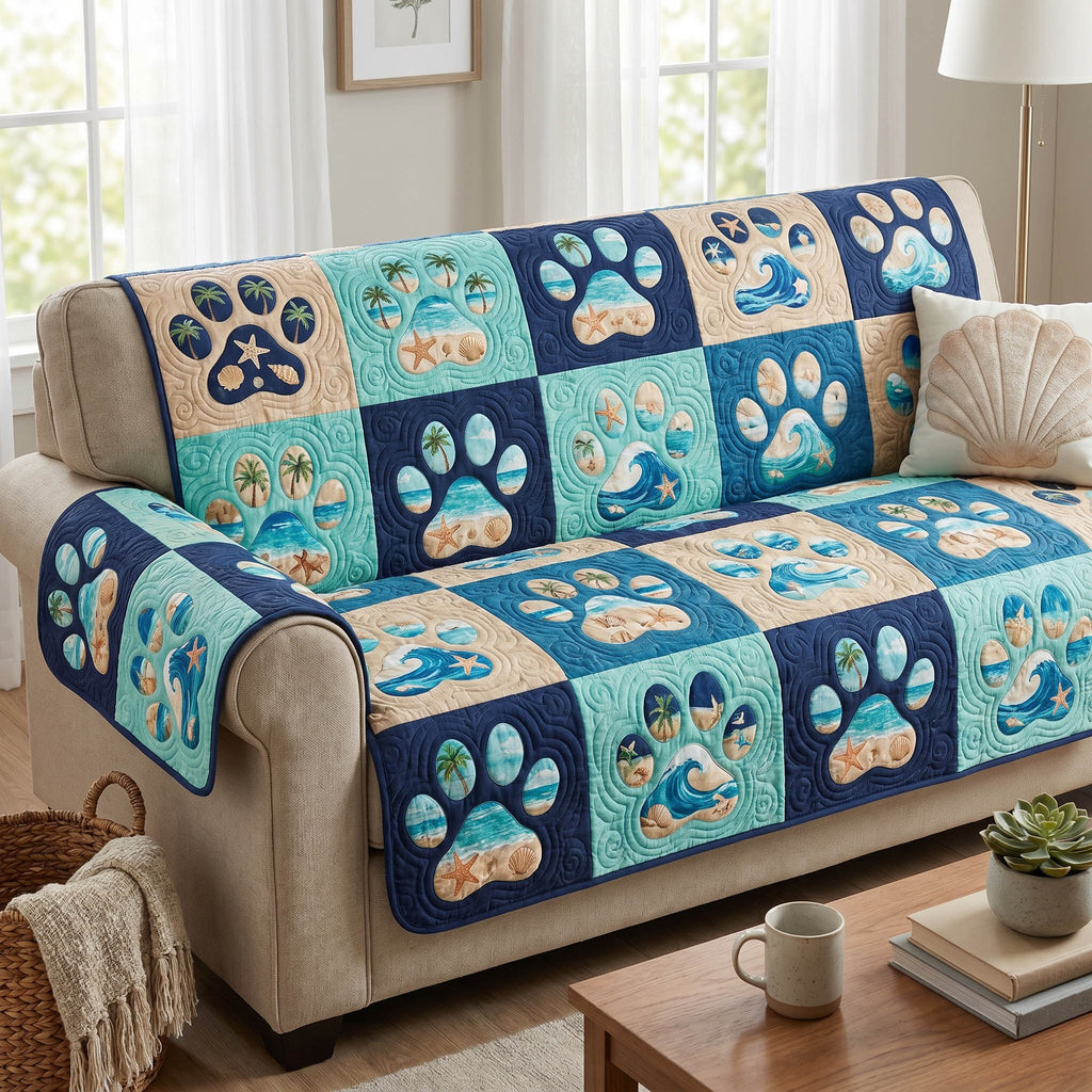 Paw Prints on Blue and Teal Squares Sofa Cover