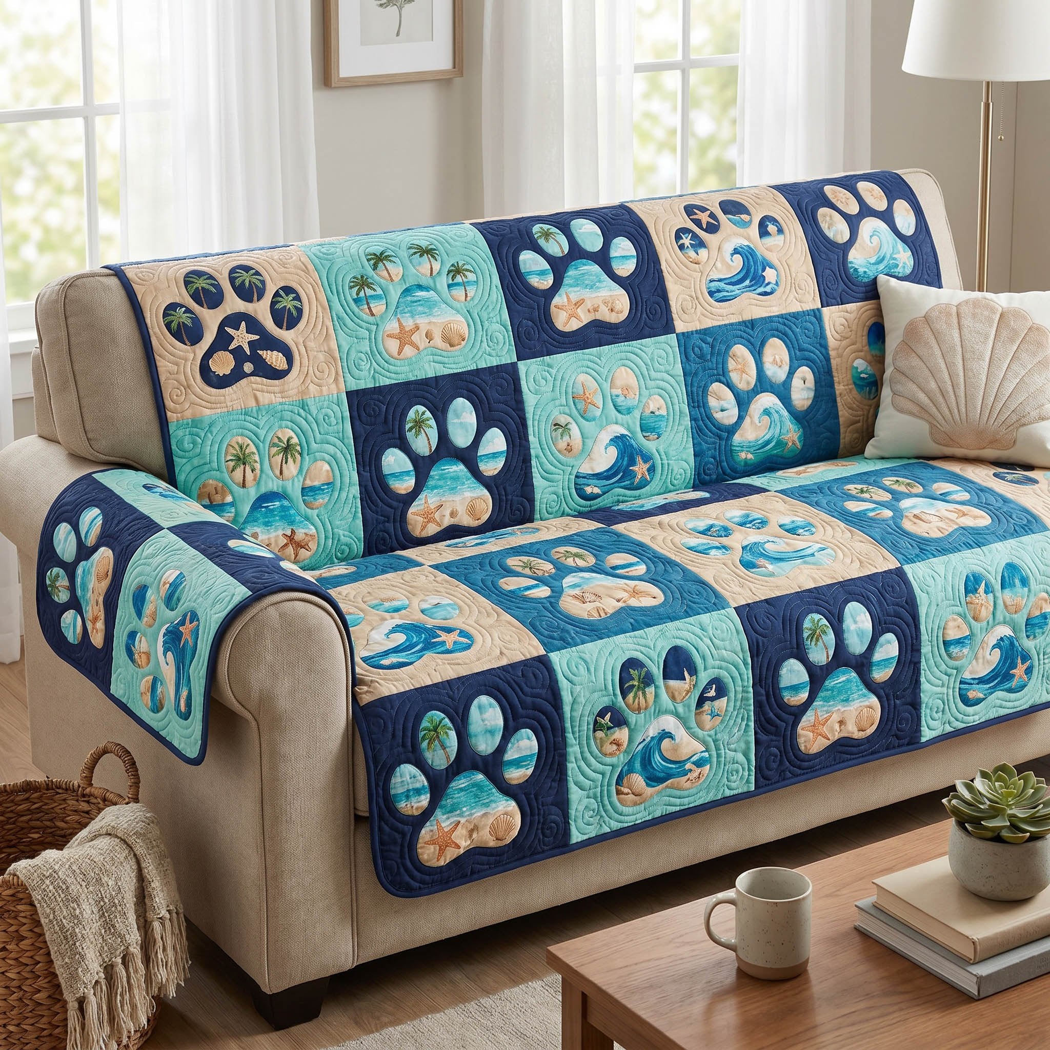 Paw Prints on Blue and Teal Squares Sofa Cover