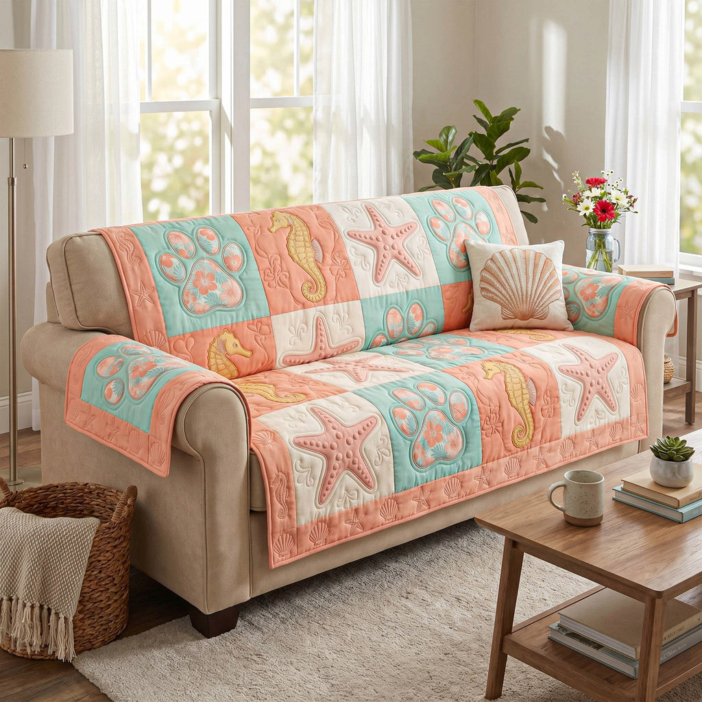 Starfish and Seahorses on Coral Squares Sofa Cover