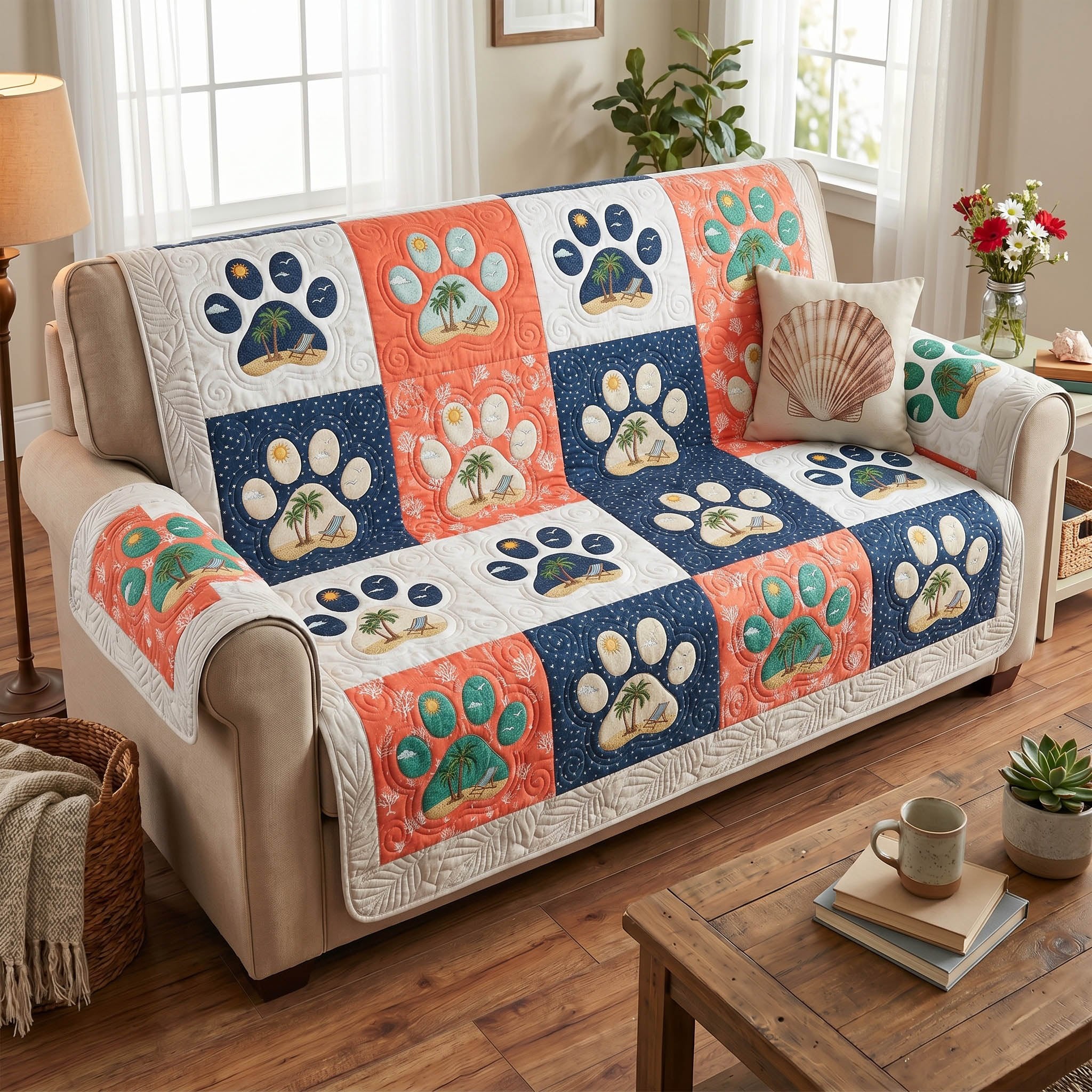 Paw Prints on Navy and Coral Squares Sofa Cover