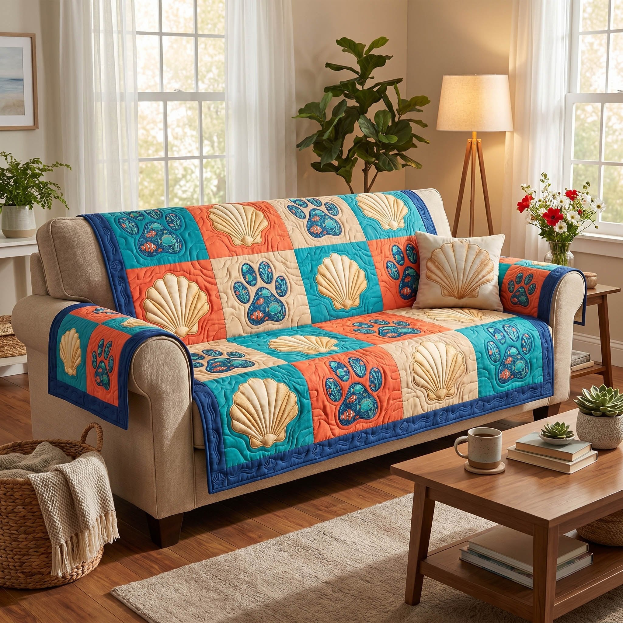 Scallop Shells on Blue and Orange Sofa Cover