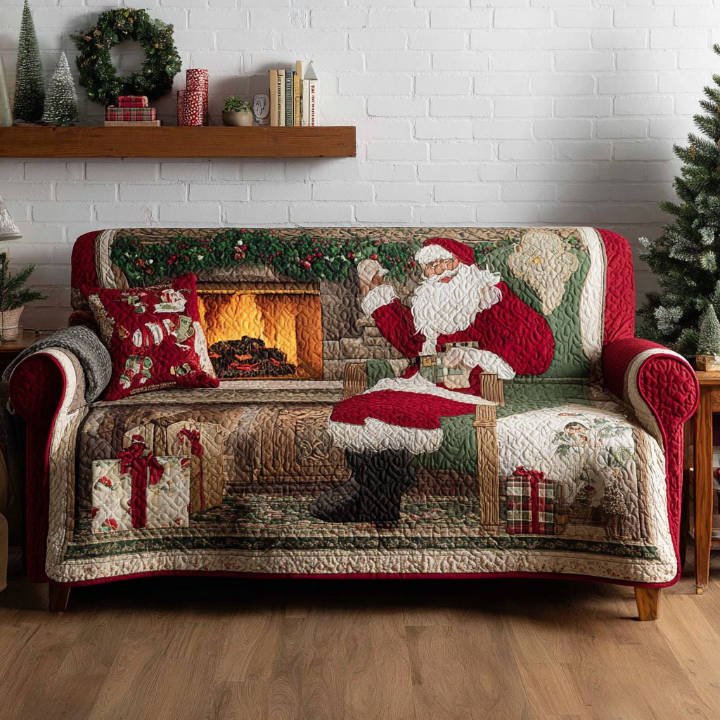 Santa Beside the Fireplace Sofa Cover