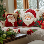 Santa Faces on Red and Cream Sofa Cover