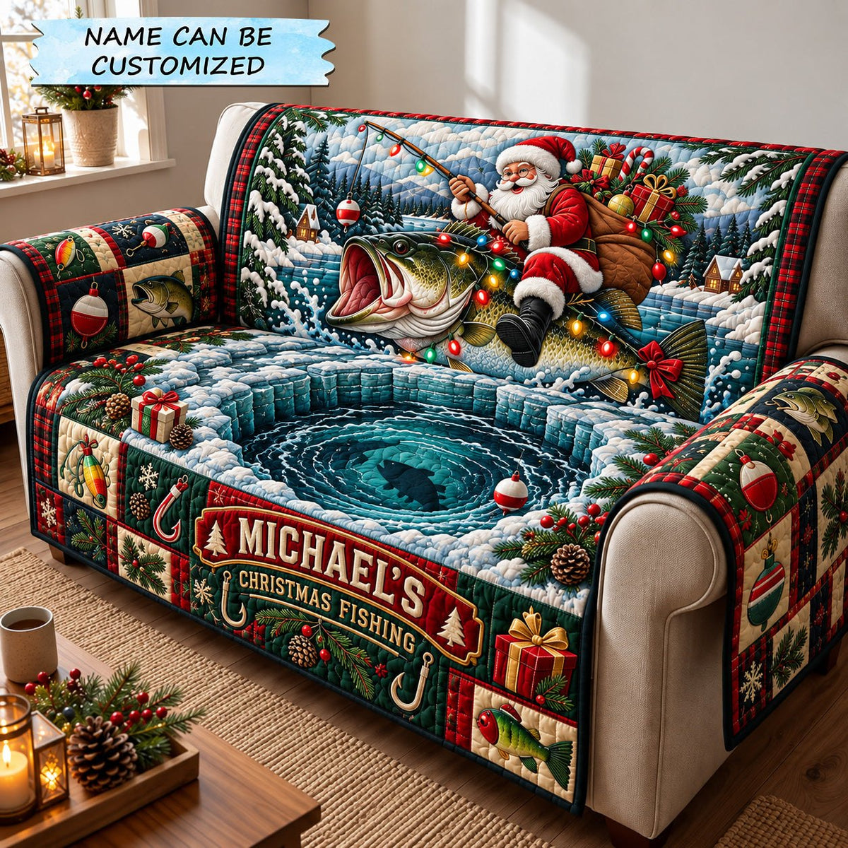 Santa Christmas Fishing Adventure Sofa Cover