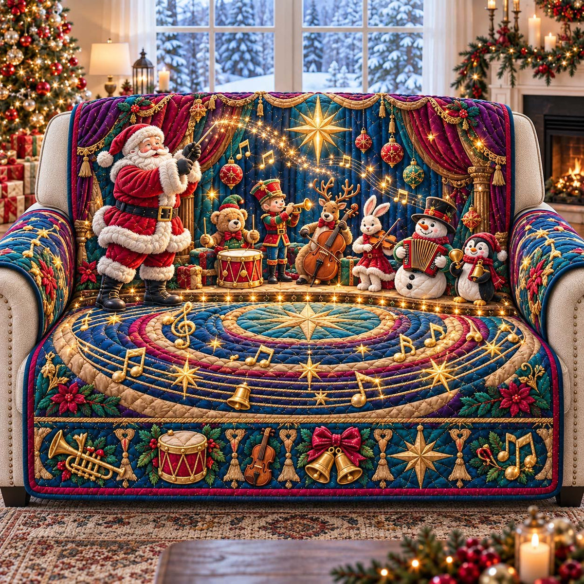 Santa Christmas Music Sofa Cover