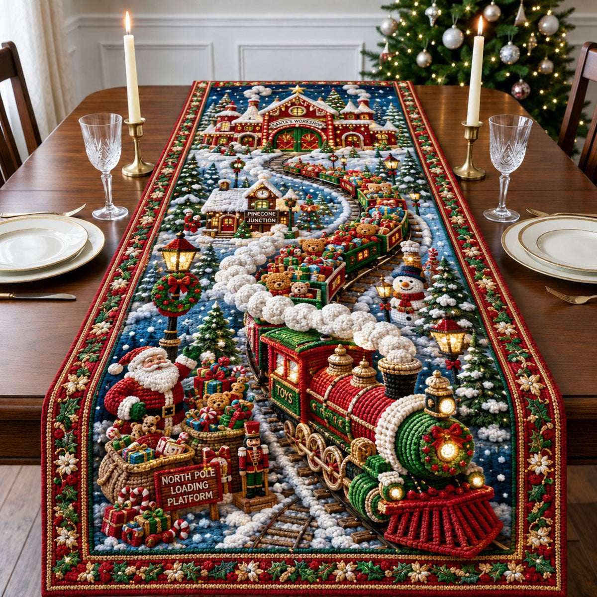 Santa Christmas Train Table Runner