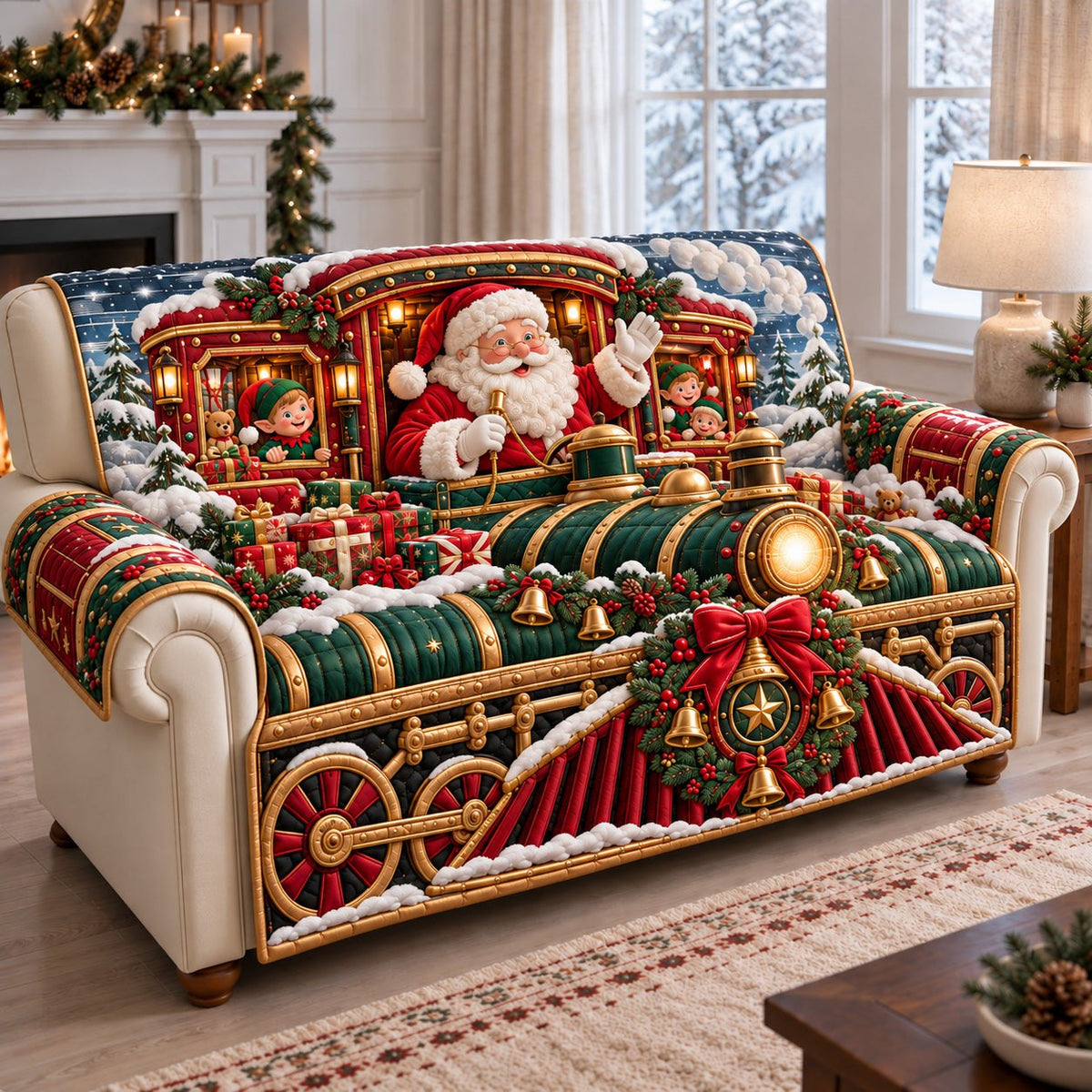 Santa Christmas Train Ride Sofa Cover