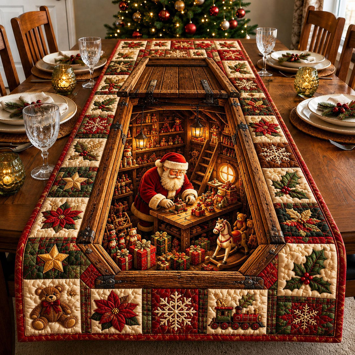 Santa Christmas Workshop Table Runner