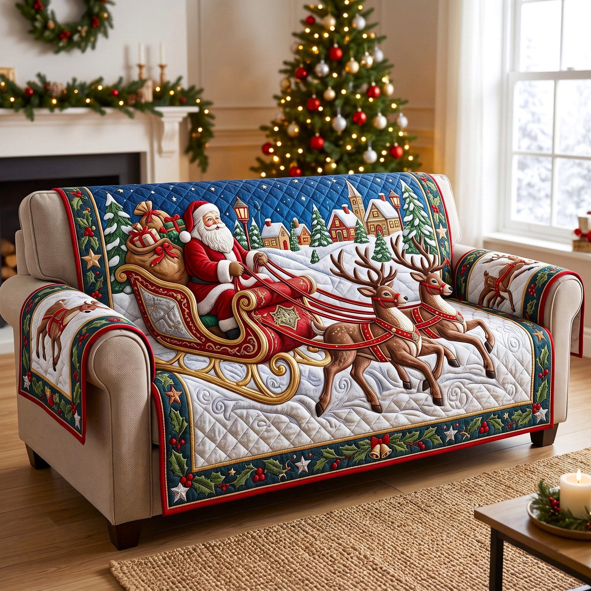 Santa Sleigh Reindeer Village Sofa Cover