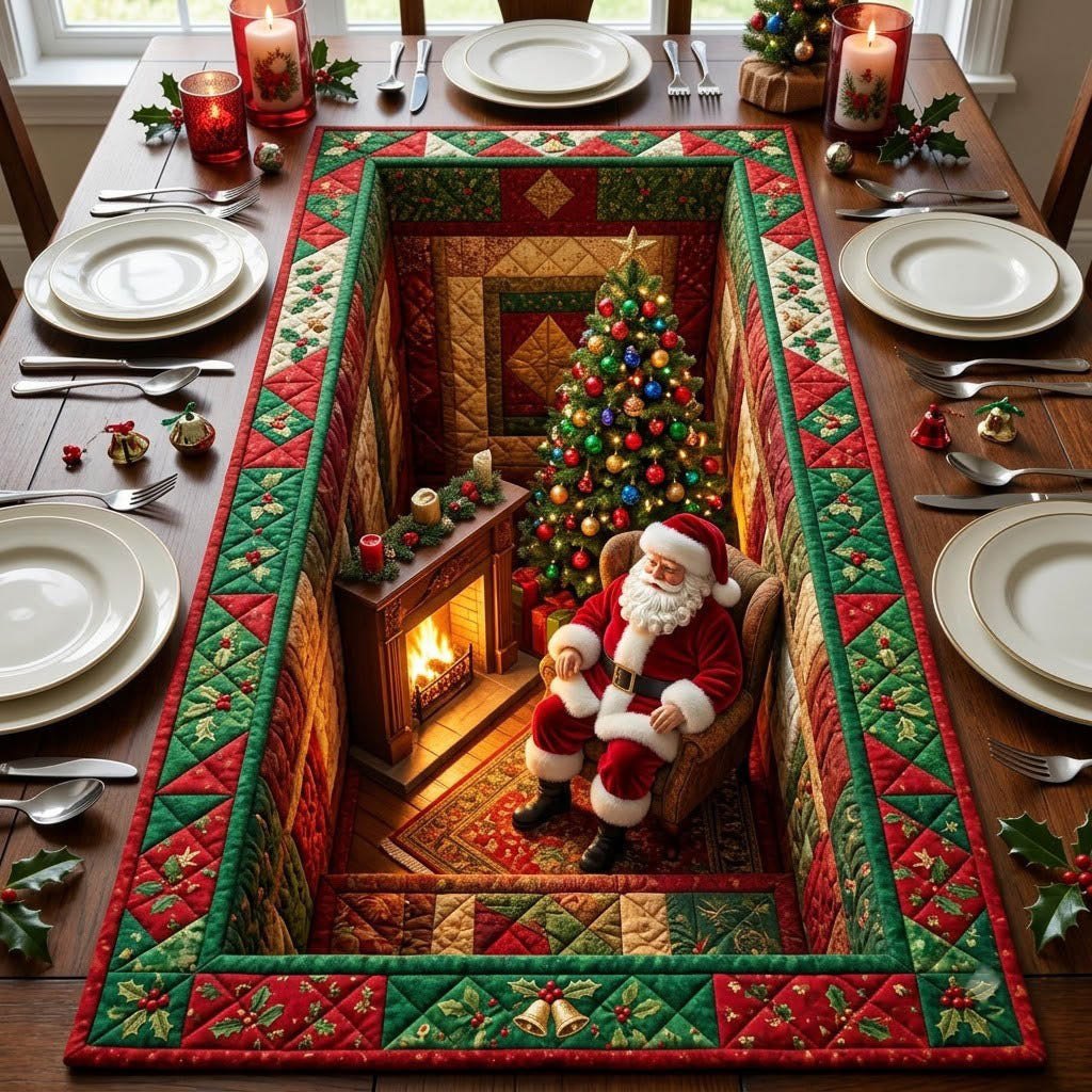 Santa Fireplace Red Frame Table Runner
