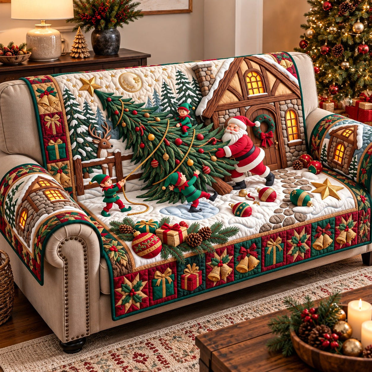 Santa Decorating Tree Sofa Cover