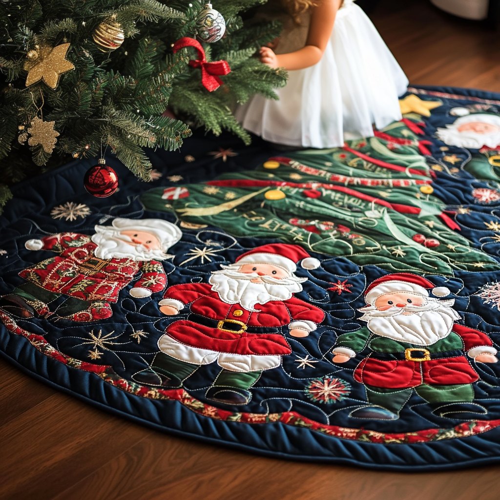 Santa Faces on the Navy Star Ring Christmas Tree Skirt