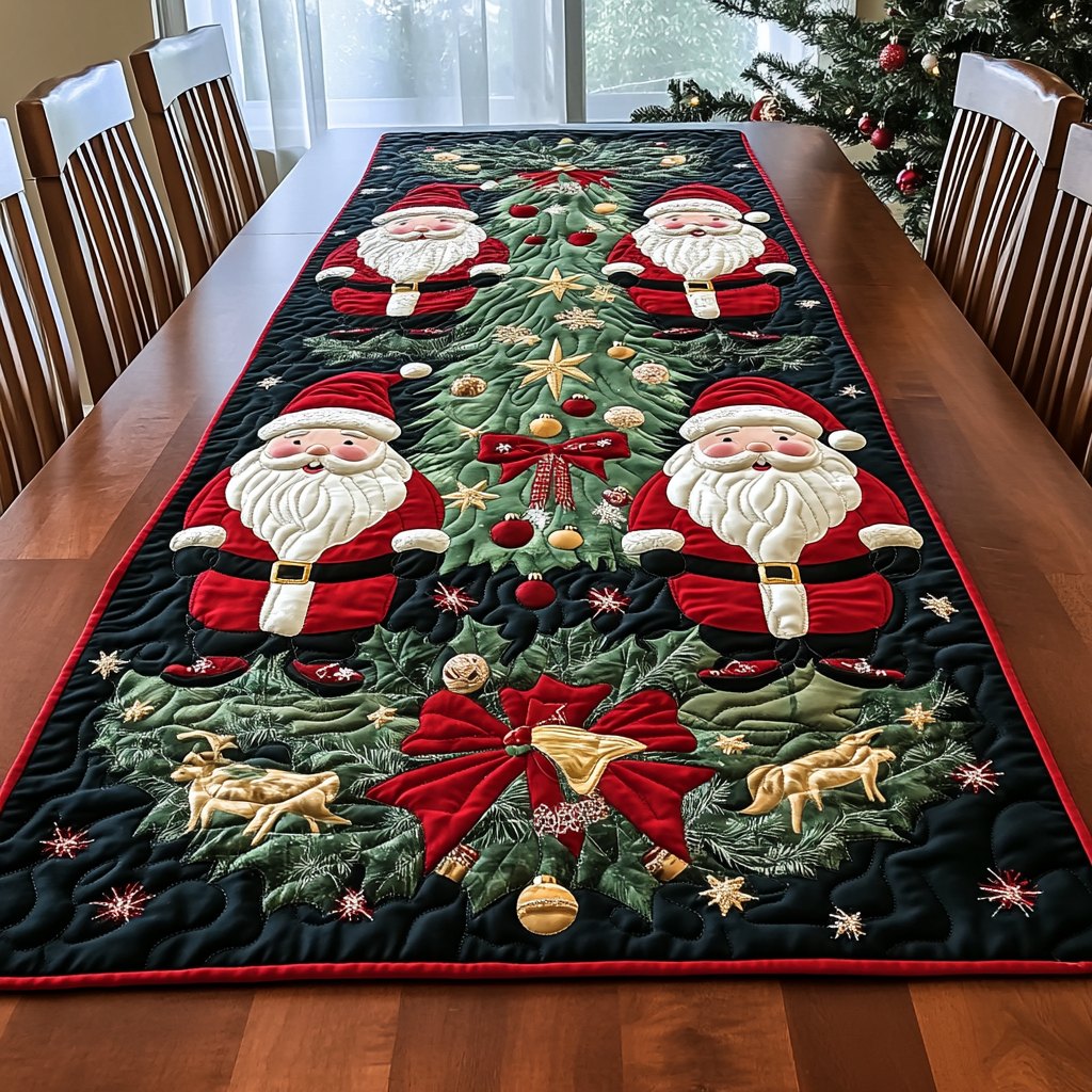 Santas and Trees on Green Table Runner