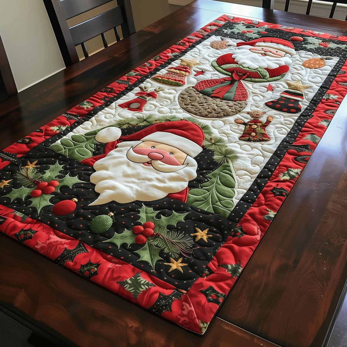 Santa Face in Holly Wreath Table Runner