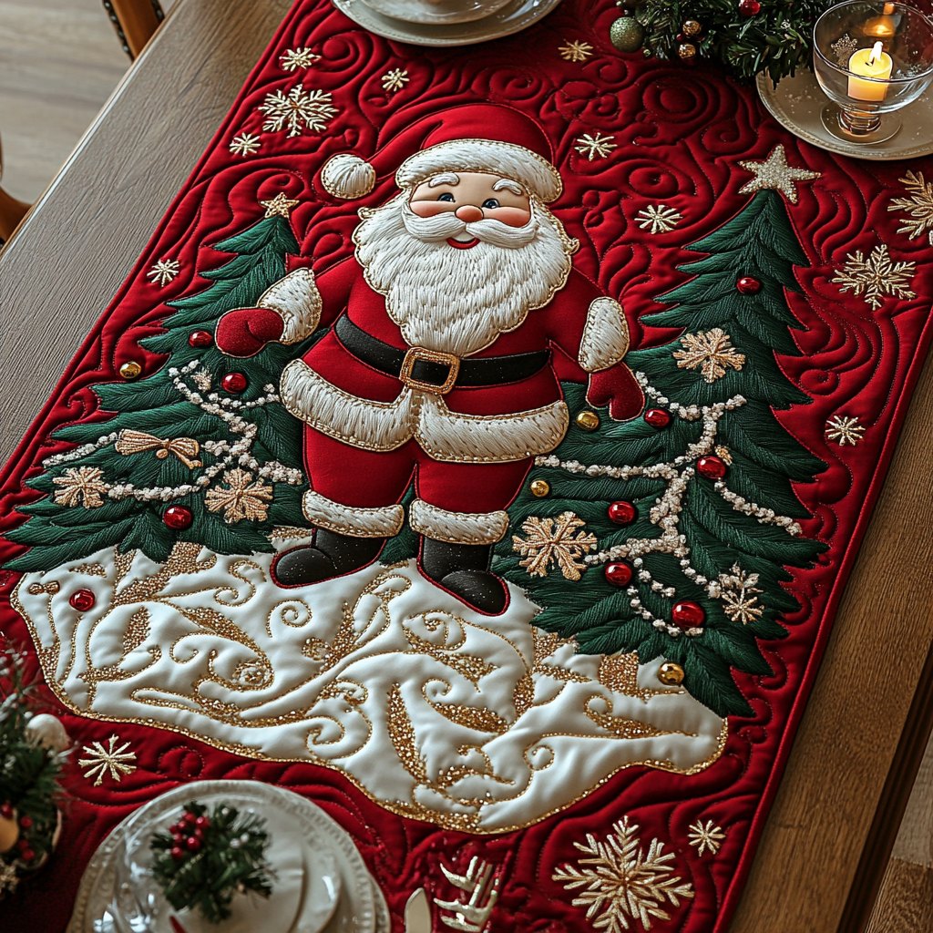 Dancing Santa on Cream and Red Table Runner