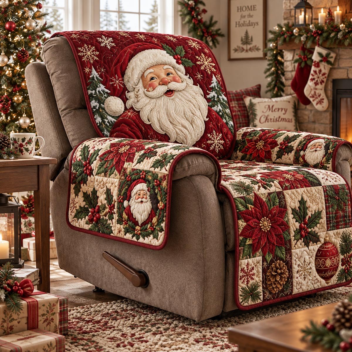 Santa Poinsettia Glow Sofa Cover