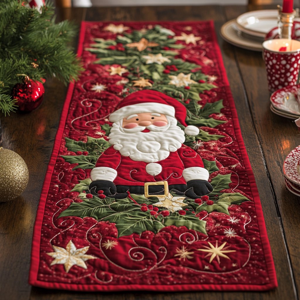 Santa on Red Quilted Panel Table Runner