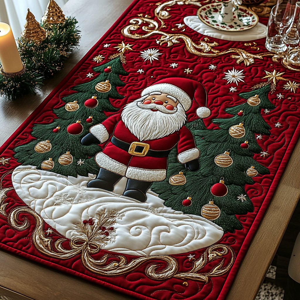Santa with Christmas Ornaments on Red Table Runner