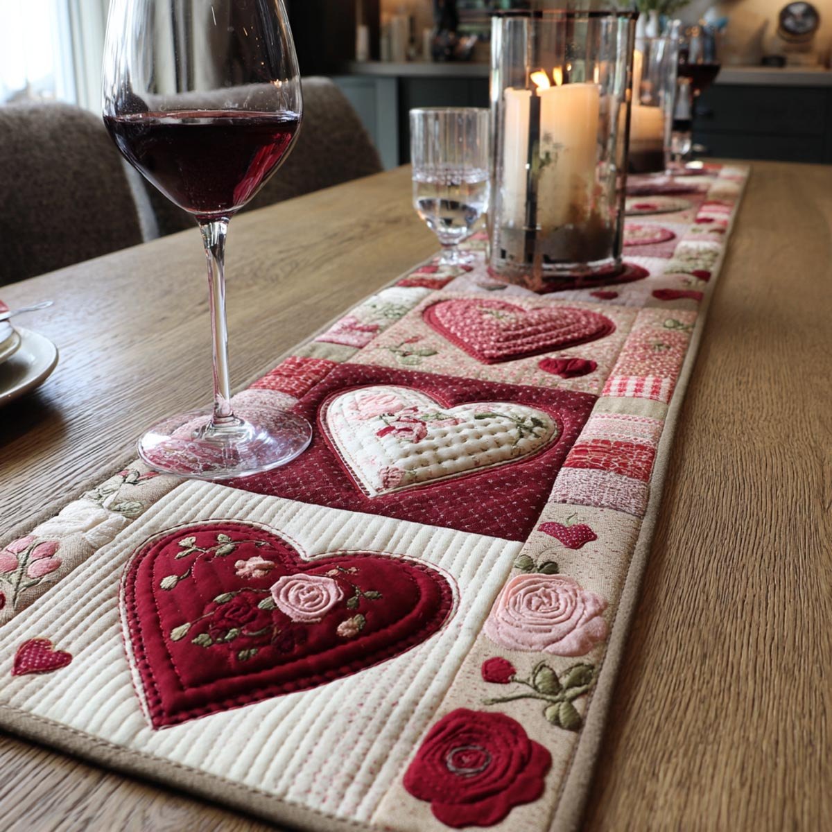 Scarlet Hearts Rose Hearts on Pink Stripes Table Runner
