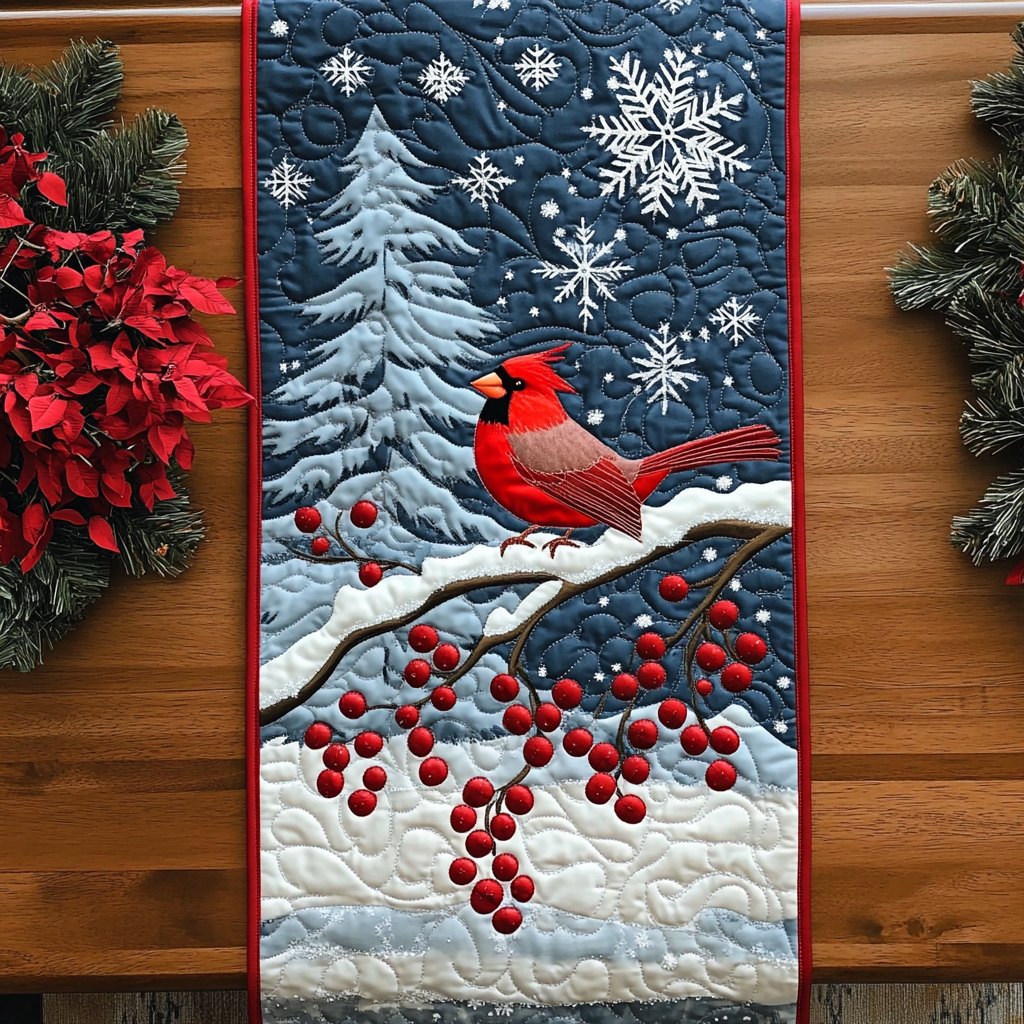 Scarlet Song in the Snow Table Runner
