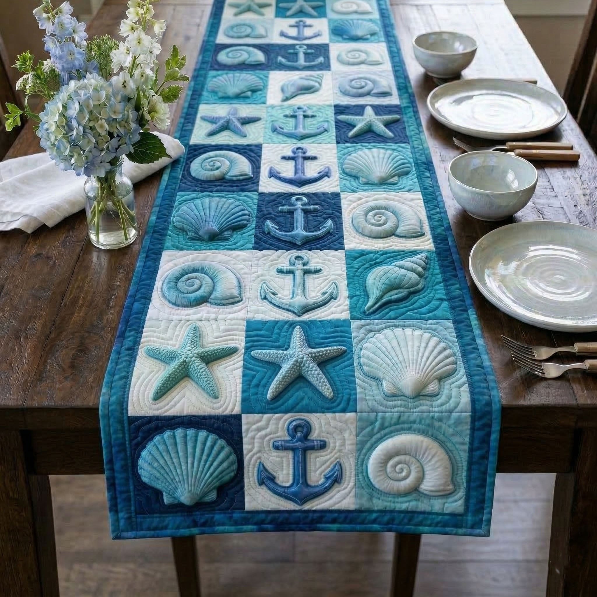 Shell and Anchor Blocks on Blue Table Runner