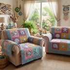 Shells on Pastel Patchwork Squares Sofa Cover