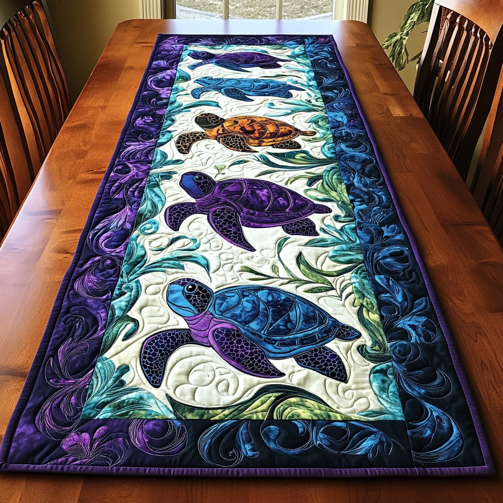 Sea Turtles Swimming in Purple Waves Table Runner