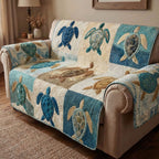 Sea Turtles on Cream and Blue Sofa Cover
